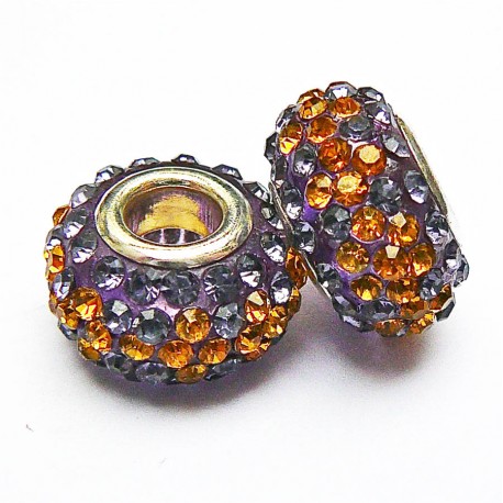 Perle shamballa gros trou strass violet jaune 14mm