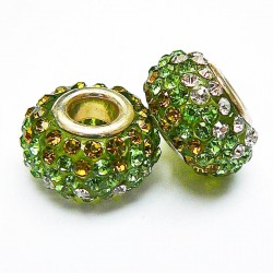 Perle shamballa gros trou strass vert jaune 14mm