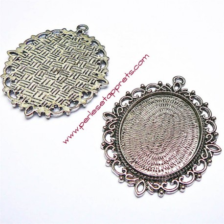 Pendentif ovale en métal argenté 6cm à décorer pour bijoux perles et apprêts