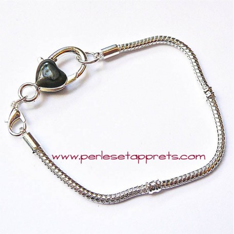 Bracelet souple argenté coeur perle gros trou 20cm, à décorer, perles et apprêts