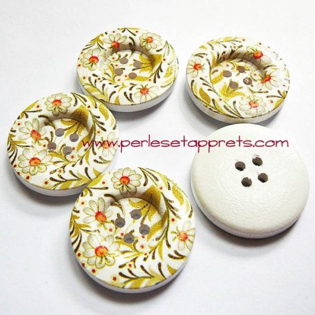 Bouton en bois blanc, marguerite jaune 30mm pour la couture, bijoux, perles et apprêts