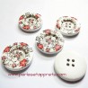 7 Boutons en bois fleur rouge noir 30mm