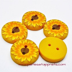 Bouton rond tournesol jaune 19mm en fimo, pâte polymère, fait main,  perles et apprêts