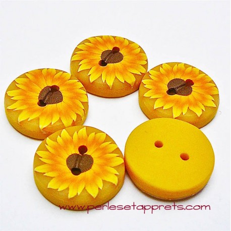 Bouton rond tournesol jaune 19mm en fimo, pâte polymère, fait main,  perles et apprêts