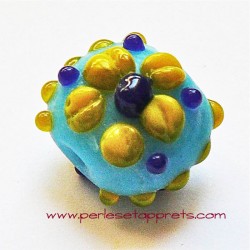 Perle ronde fleur en verre bleu jaune 16mm