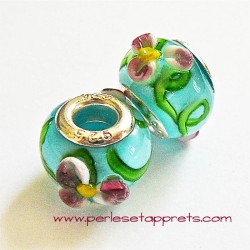 Perle en verre gros trou bleu fleur 14mm