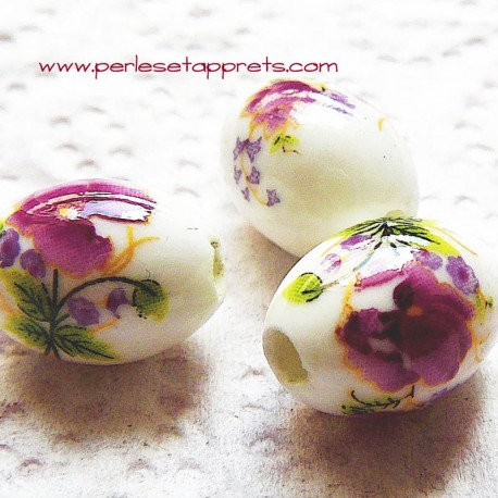 Perle ovale céramique blanche fleur rose 16mm pour bijoux, perles et apprêts