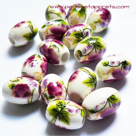 Perle ovale céramique blanche fleur rose 10mm pour bijoux, perles et apprêts