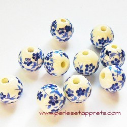 Perle ronde céramique blanche fleur bleue 12mm pour bijoux, perles et apprêts
