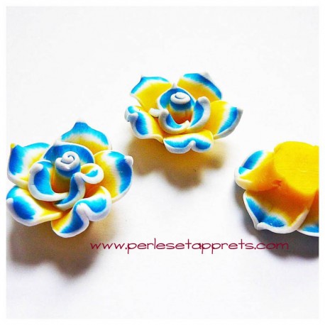 Perle fleur bleu jaune, cabochon 25mm en fimo pâte polymère, pour bijoux, perles et apprêts