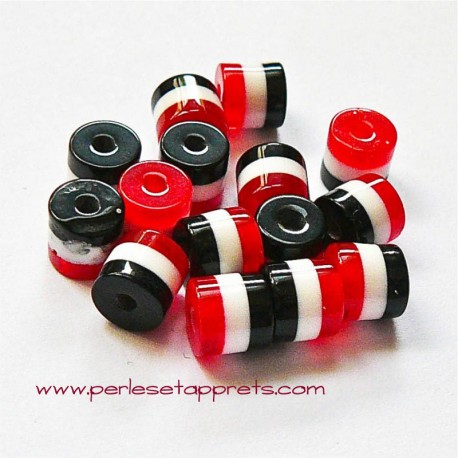 Perle synthétique cylindrique rouge blanc noir 6mm pour bijoux, perles et apprêts