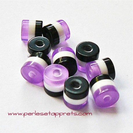 Perle synthétique cylindrique violet blanc noir 6mm pour bijoux, perles et apprêts