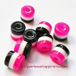 Perle cylindrique 6mm fuchsia blanc noir