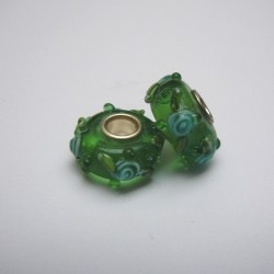 Perle en verre gros trou vert bleu fleur 14mm