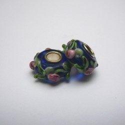 Perle en verre gros trou bleur fleur rose 14mm