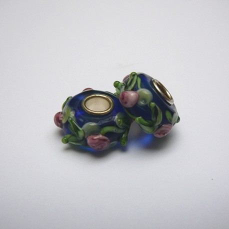 Perle en verre gros trou bleur fleur rose 14mm
