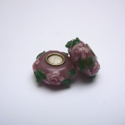 Perle en verre gros trou rose fleur 14mm