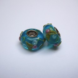 Perle en verre gros trou turquoise fleur 14mm
