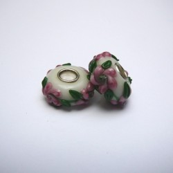 Perle en verre gros trou blanc fleur rose 14mm