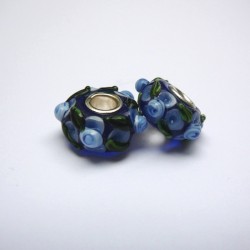 Perle en verre gros trou bleu fleur 14mm