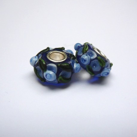 Perle en verre gros trou bleu fleur 14mm