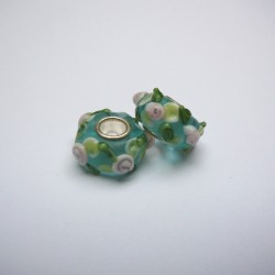 Perle en verre gros trou vert fleur rose 14mm