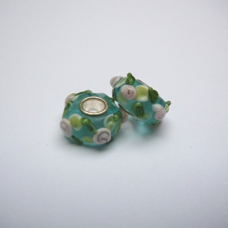 Perle en verre gros trou vert fleur rose 14mm