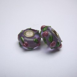 Perle en verre gros trou mauve fleur 14mm