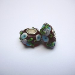 Perle en verre gros trou rouge fleur bleu 14mm