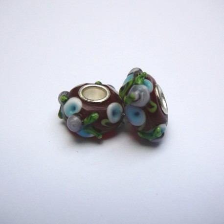 Perle en verre gros trou rouge fleur bleu 14mm