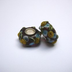 Perle en verre gros trou marron fleur jaune 14mm