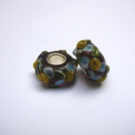 Perle en verre gros trou marron fleur jaune 14mm