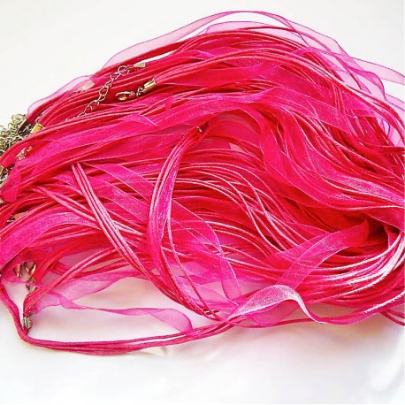 Tour de cou organza rose 4 cordons 45cm