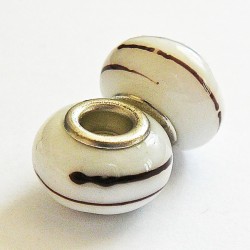 Perle en verre gros trou blanc rayé 14mm