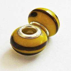 Perle en verre gros trou jaune rayé 14mm