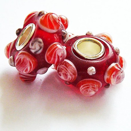 Perle en verre gros trou picot rouge 14mm