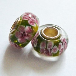 Perle en verre gros trou vert rose 14mm