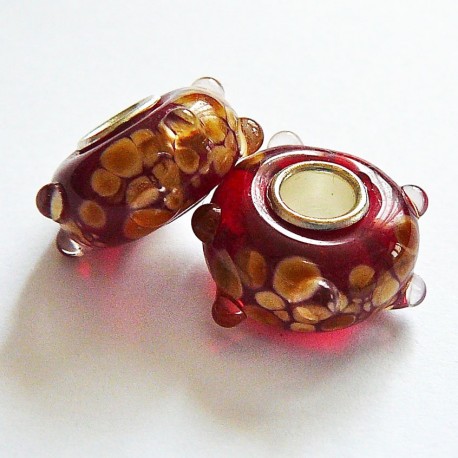 Perle en verre gros trou rouge marron 14mm