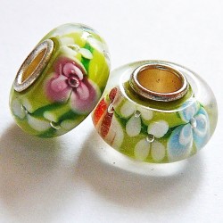 Perle en verre gros trou vert fleurs 14mm