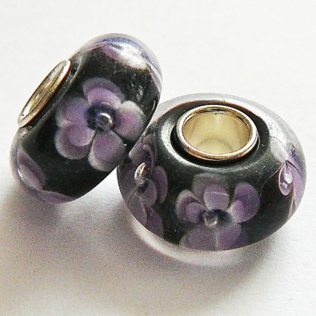 Perle en verre gros trou noir fleur mauve 14mm