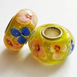 Perle en verre gros trou jaune fleurs 14mm